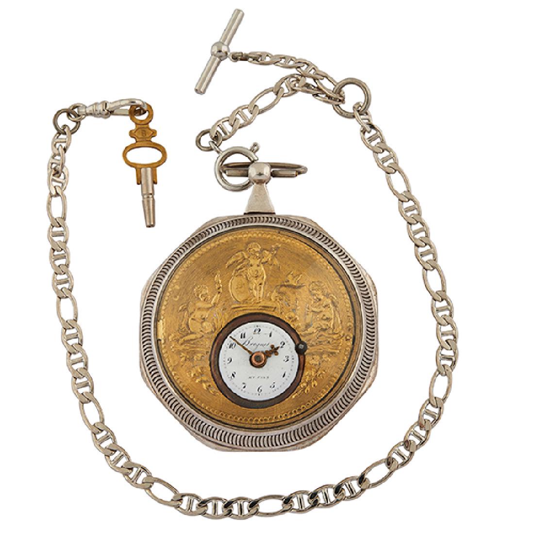 Breguet et Fils, The Cavalcade concealed erotic open: Breguet et Fils, The Cavalcade concealed erotic open face pocket watch, Switzerland, circa 1820, silver case, gold repousse face, 2 3/8"dia Provenance: Provenance: Antiquorum Auctioneers, Geneva, Swit