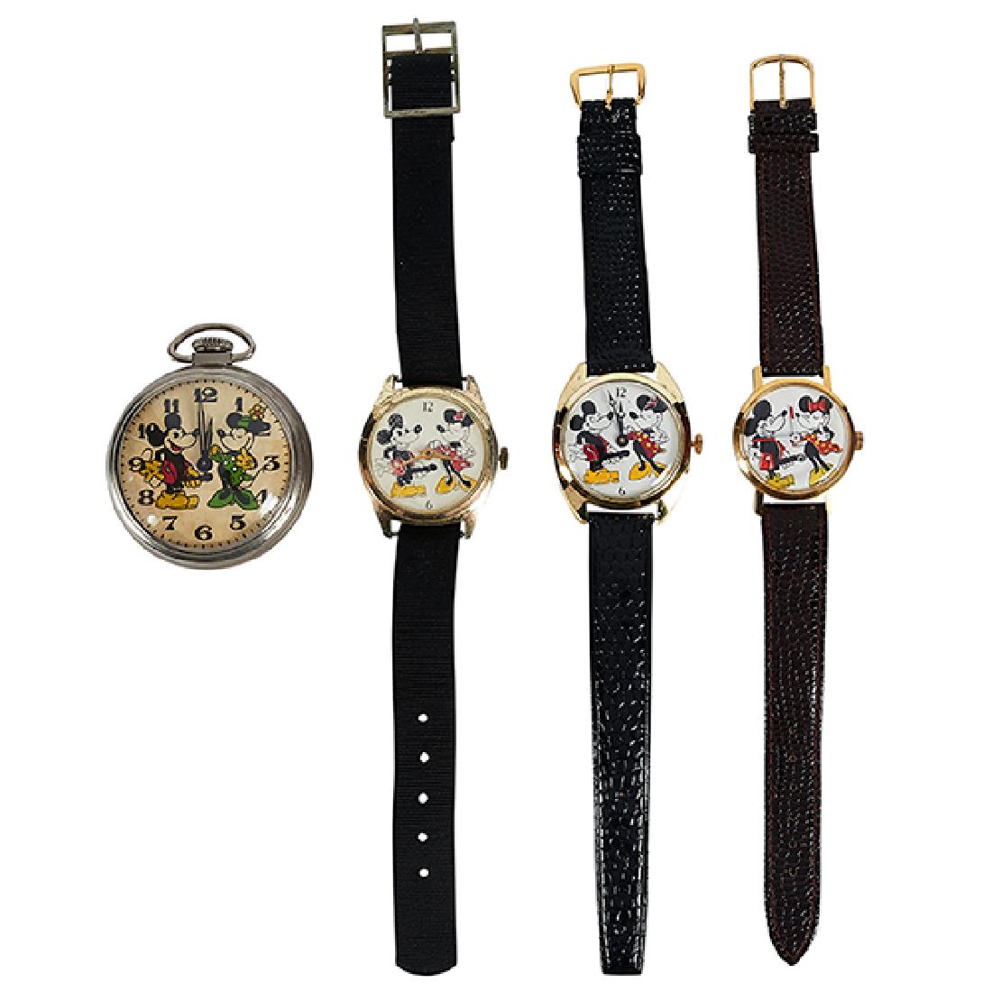 Mickey & Minnie Mouse / Erotic, three (3) wristwatches: Mickey & Minnie Mouse / Erotic, three (3) wristwatches and a pocket watch, pocket watch case: 2"dia