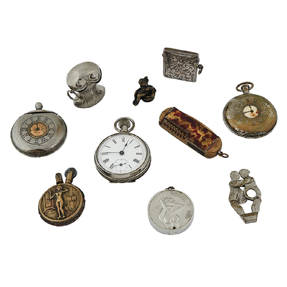 Smoking Related, Including Erotic, ten (10) articles:,: Smoking Related, Including Erotic, ten (10) articles:, silvered metal corsette form vesta case, James Fenton & Co. Edwardian silver vesta, Loving Couple cigarette cutter, Naughty Potty nude maiden on 