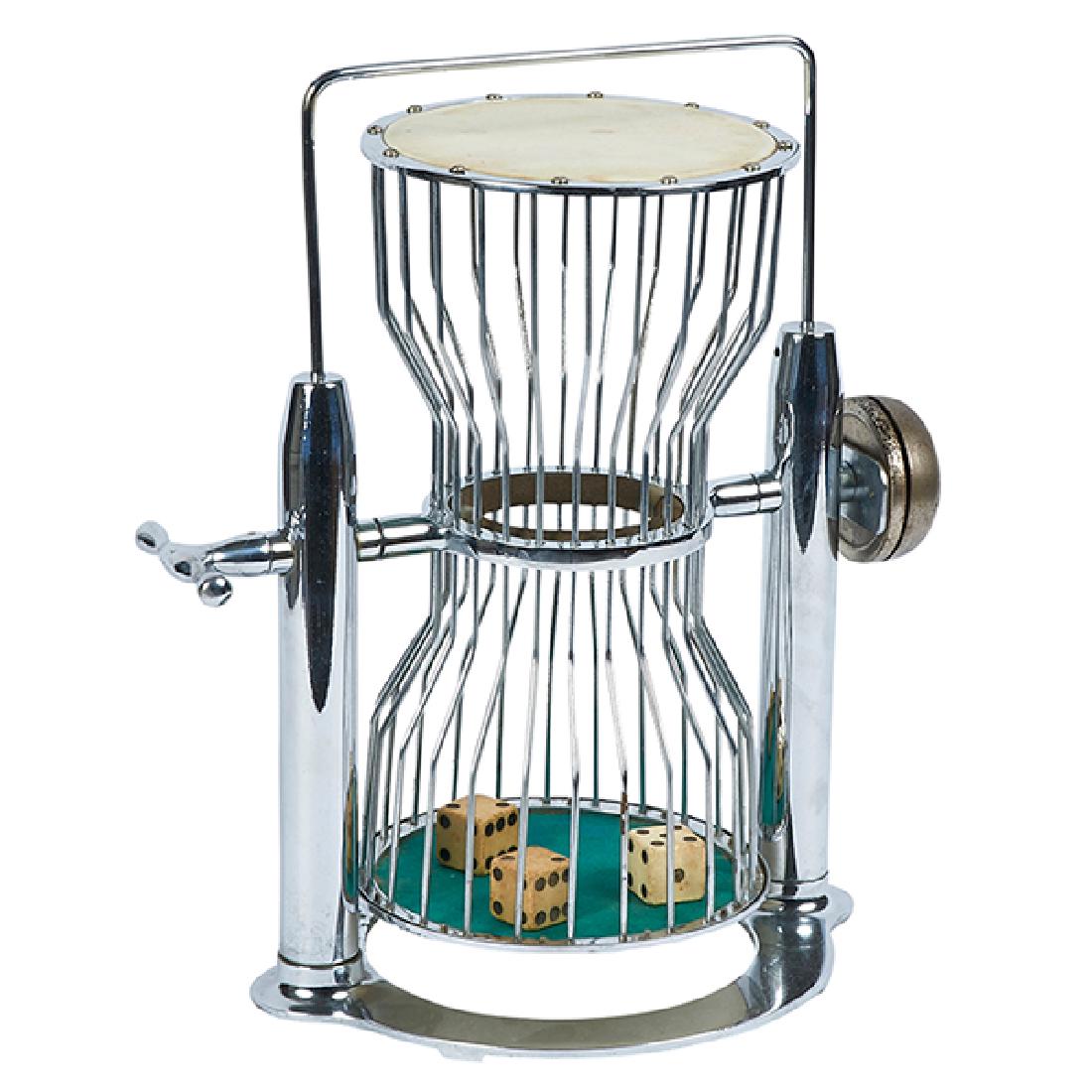 Gambling Related / Art Deco, Chuck-A-Luck dice tumbling: Gambling Related / Art Deco, Chuck-A-Luck dice tumbling cage game, chromed metal, green felt, celluloid, unmarked, 14 1/4"w x 9 3/4"d x 10 3/8"h