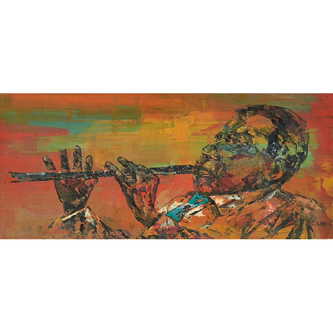 Clifford Lee, (American, 20th century), Clarinet: Clifford Lee, (American, 20th century), Clarinet Player, oil on canvas, signed lower right, 9" x 21"