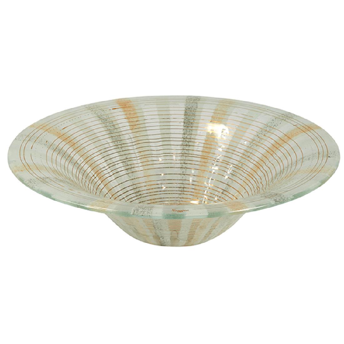 Michael Higgins (1908-1999) and Frances Higgins: Michael Higgins (1908-1999) and Frances Higgins (1912-2004), bowl, Riverside, IL, USA, 1960s, fused glass, gold screened decoration, gold screened signature, 12.5"dia x 3.5"h