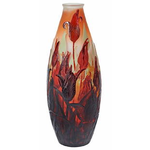 Emile Galle, Parrot Tulips vase, Nancy, France, cameo: Emile Galle, Parrot Tulips vase, Nancy, France, cameo glass, cameo signature, 6"dia x 15"h Provenance:Minna Rosenblatt Ltd., New York, New York, 02 August 1986