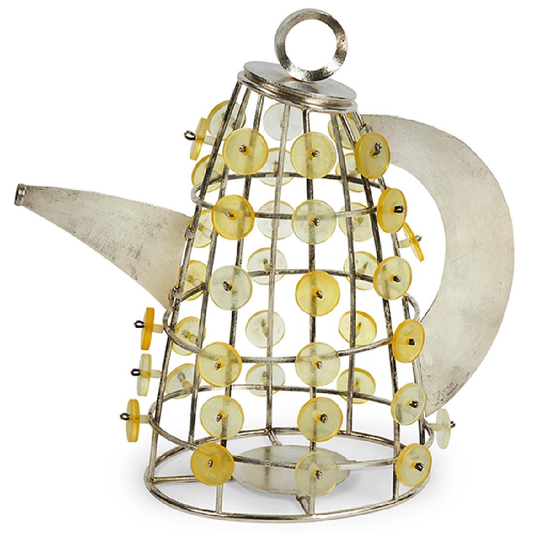 Thomas Mann (American, b. 1947)/Tom Mann Design,: Thomas Mann (American, b. 1947)/Tom Mann Design, teapot, New Orleans, Louisiana, 2000 , sterling silver, yellow plastic, stamped and etched marks, 8"w x 4.5"d x 8"h