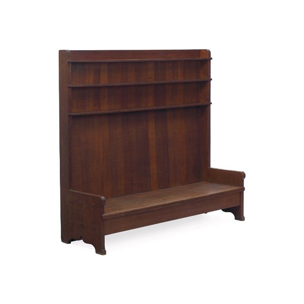 Gustav Stickley hall bench, attribution, large form: Gustav Stickley hall bench, attribution, large form with three shelves over a solid seat, chamfered board back and thick slab sides with butterfly joint construction, original finish, 78"w x 27.75"d x