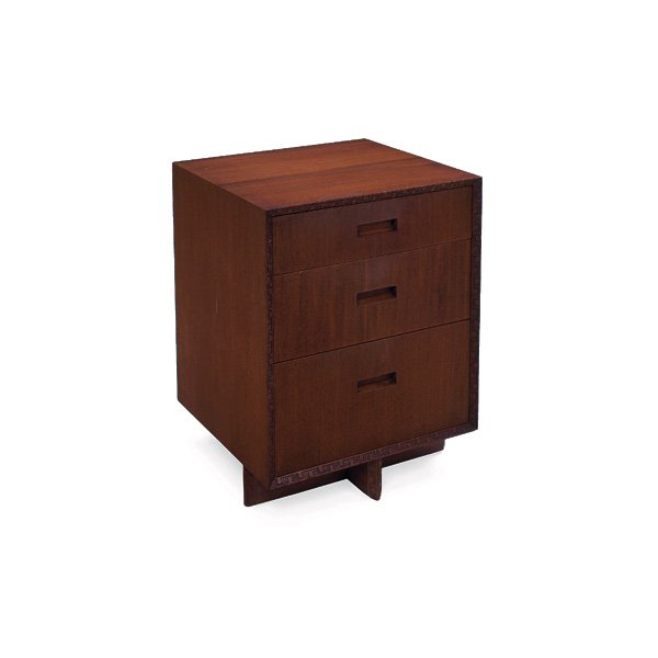 Frank Lloyd Wright chest: Frank Lloyd Wright chest, manufactured by Heritage Henredon, three drawers with recessed handles and Taliesin design at edge, original finish, signed with red monogram, minor wear, 21.5"w x 20"d x 28"