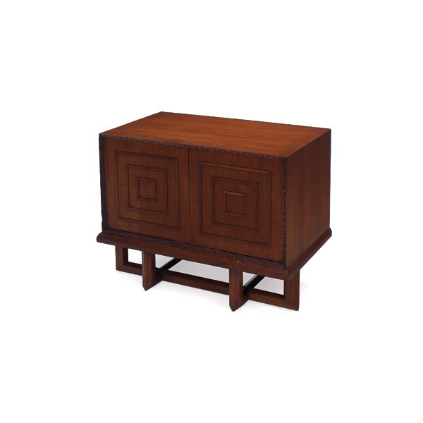 Frank Lloyd Wright cabinet: Frank Lloyd Wright cabinet, manufactured by Heritage Henredon, two doors with concentric squares and Taliesin design to edge, set on a cradle base, original finish, minor chips to edge, signed with re