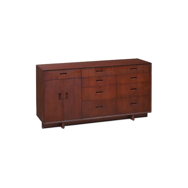 Frank Lloyd Wright sideboard: Frank Lloyd Wright sideboard, manufactured by Heritage Henredon, series of cabinet doors and drawers with recessed handles and Taliesin design to edge, some wear to original finish, chips to edge, 66"