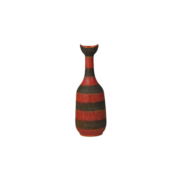 Raymor vase, Italy, large bottle-shaped form: Raymor vase, Italy, large bottle-shaped form with flared rim, vertical incised design to surface and horizontal bands of green and orange decoration, marked with Raymor paper label and signed "italy",