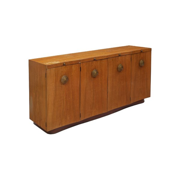 Gilbert Rohde Paldao Group sideboard: Gilbert Rohde Paldao Group sideboard, by Herman Miller, c.1940, four doors with original brass pulls under three pullout cutting boards, two center doors conceal four drawers; left door conceals four