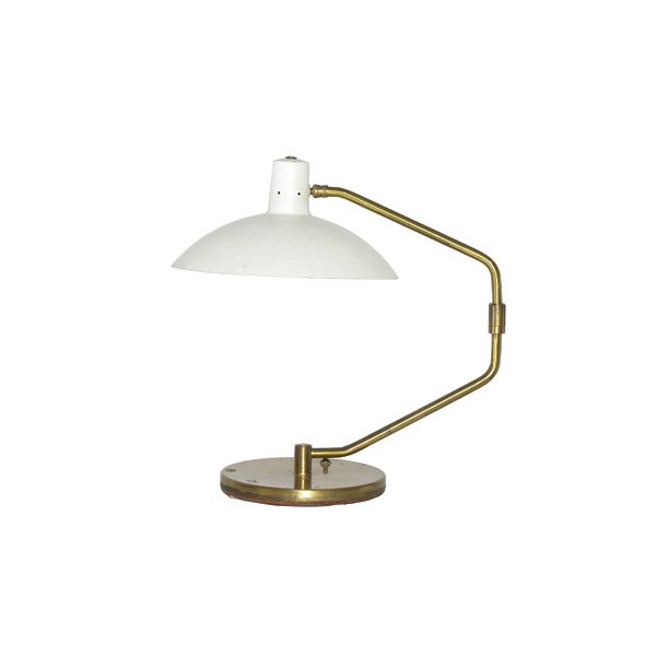 Clay Michie desk lamp: Clay Michie desk lamp, for Knoll Associates, 1950s, brushed brass base and stem with white enameled adjustable shade, swivels, original finish, 12"dia. x 18"h, very good condition