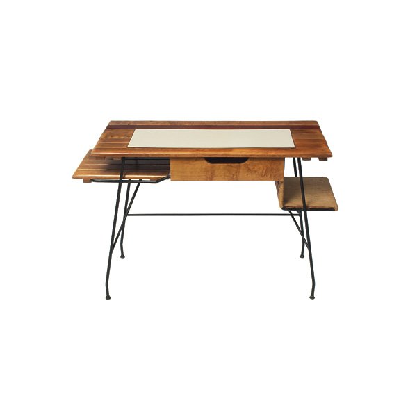 Arthur Umanoff desk, for Raymor: Arthur Umanoff desk, for Raymor, slatted wood top with inset white masonite surface over a black rod frame, one drawer, one paper cord wrapped shelf, all glides intact, 42"w x 21"d x 30"h, very good c