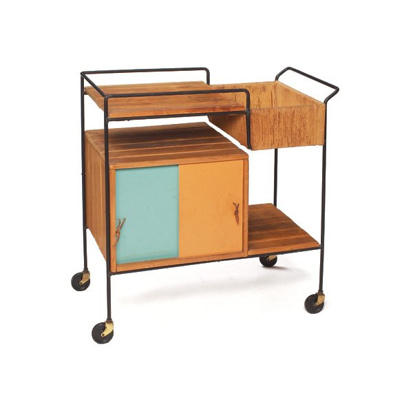 Arthur Umanoff cart, for Raymor, black rod frame: Arthur Umanoff cart, for Raymor, black rod frame on castors with wood slats, masonite sliding doors on both sides in orange and robin's egg blue, rush basket with white masonite bottom, 35"w x 17.75"d