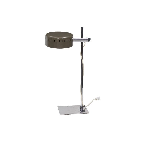 Robert Sonneman table lamp: Robert Sonneman table lamp, by Robert Sonneman Assoc., made in Japan, greige enameled metal shade on a swiveling and adjustable stem, signed, 10.5"w x 6.5"d x 20"h, excellent condition