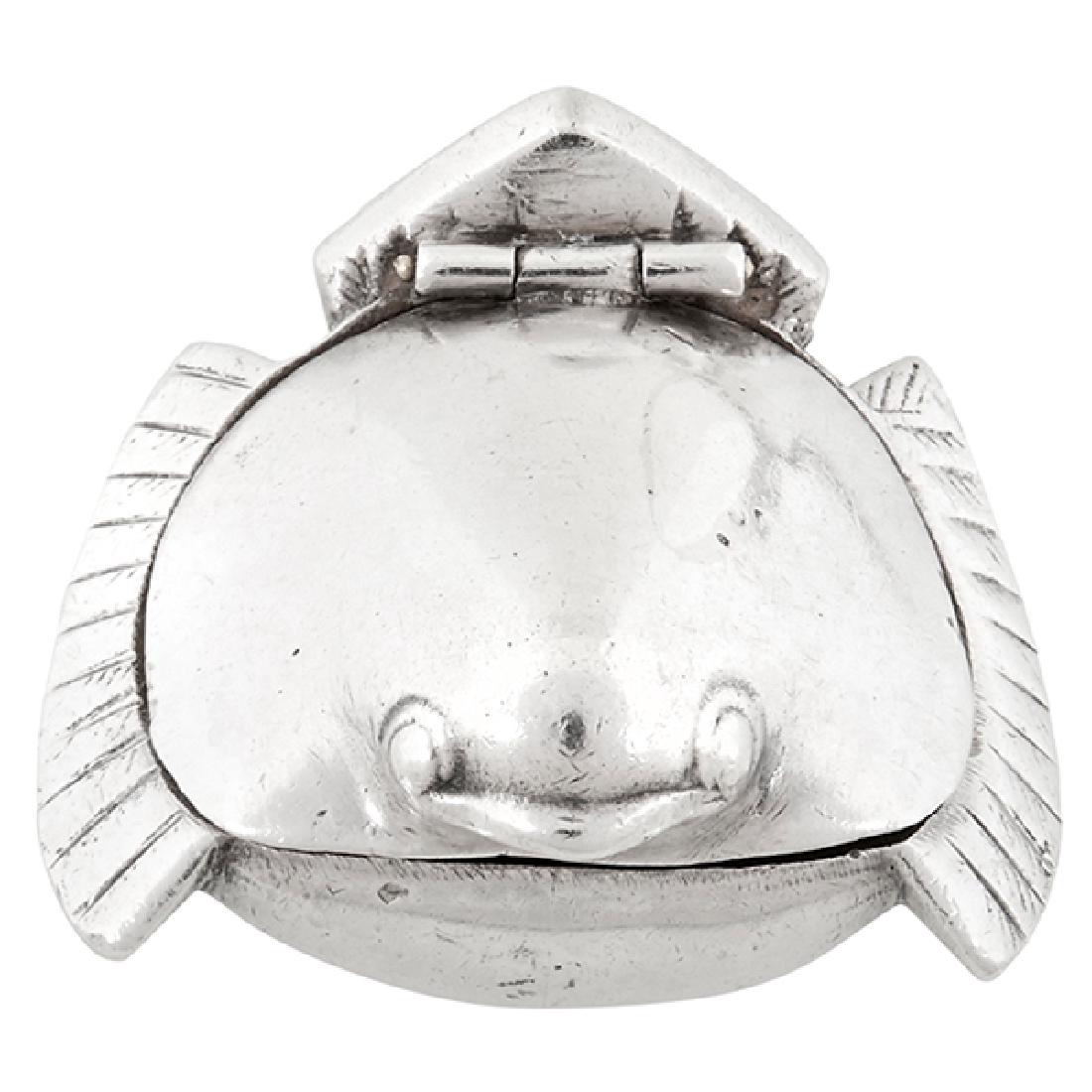 Max Boinet Bird pill box 1 1/2"w x 1 3/8"d x 7/8"h: Max Boinet, Bird pill box, France, silver, stamped hallmarks, signed, 1 1/2"w x 1 3/8"d x 7/8"h Catalogue Note: Boinet was a noted designer for Elsa Schiaparelli.