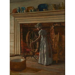 Edward Percy Moran, (American, 1862-1935), The Old: Edward Percy Moran, (American, 1862-1935), The Old Spinning Wheel, oil on canvas, signed lower right, 12" x 9"