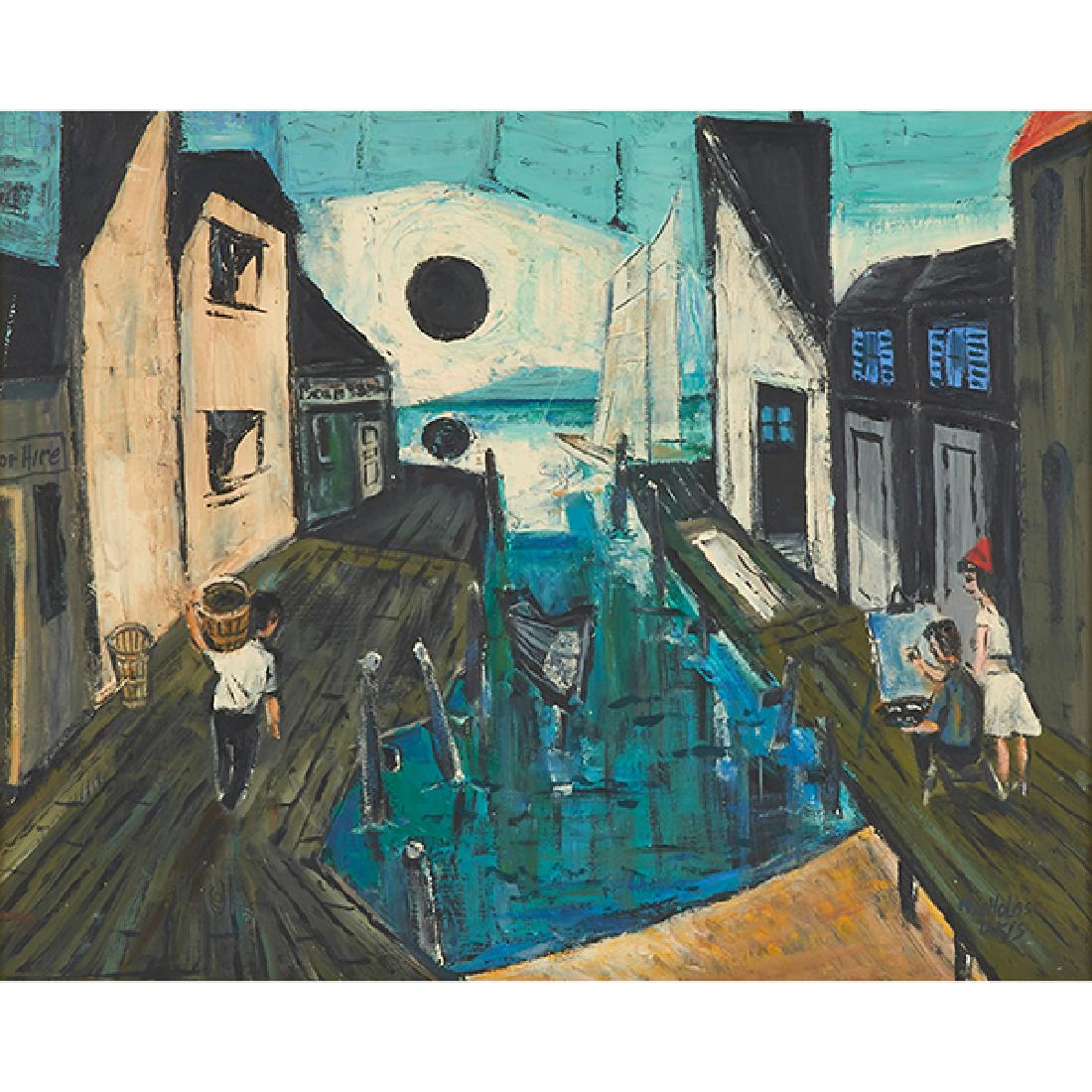 Nicholas Takis, (American, 1903-1965), Wharf Scene, oil: Nicholas Takis, (American, 1903-1965), Wharf Scene, oil on masonite, signed lower right, 16" x 20" Provenance: Myron Werbin Gallery, New York, New York Acquired from the above Thence by descent throug