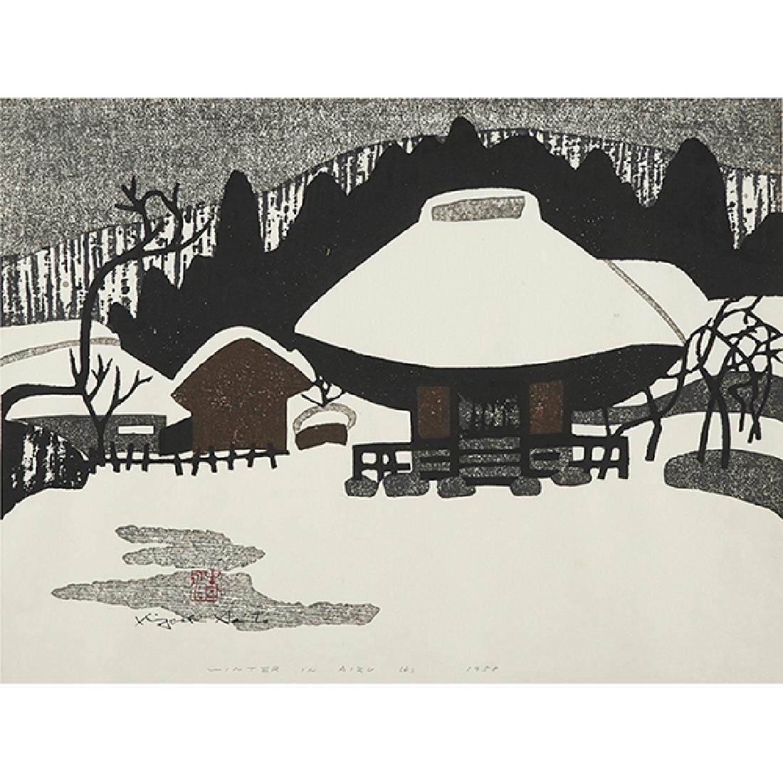 Kiyoshi Saito, (Japanese, 1907-1997), Winter in Aizu,: Kiyoshi Saito, (Japanese, 1907-1997), Winter in Aizu, 1958, color woodcut, signed, titled and dated in pencil, 14.5" x 20.75"