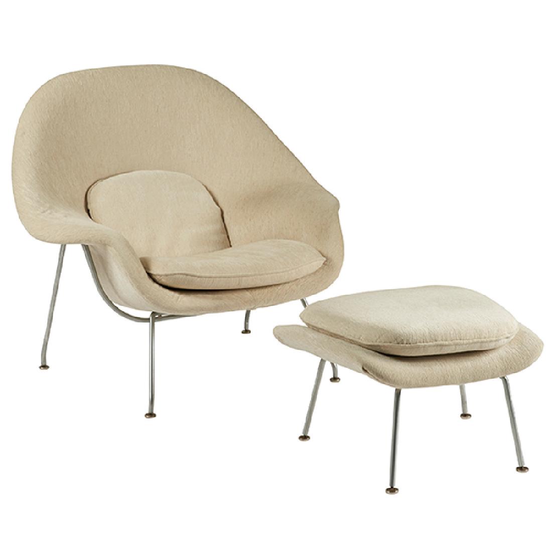 Eero Saarinen (1910-1961) for Knoll Womb chair &ottoman: Eero Saarinen (1910-1961) for Knoll International, Womb chair and ottoman, USA, c. 1970, upholstery, chrome-plated steel, foam, 39.5"w x 36"d x 36"h, ottoman: 25.5"w x 21"d x 17"h $1,200 - $1,500