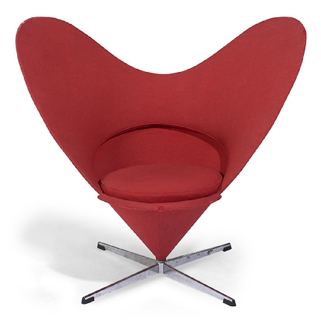 Verner Panton (1926-1998) for Plus Ligne Heart chair: Verner Panton (1926-1998) for Plus Ligne, Heart chair, Denmark, 1950s, steel, upholstery, wood, nylon, 39"w x 24"d x 34"h $600 - $800