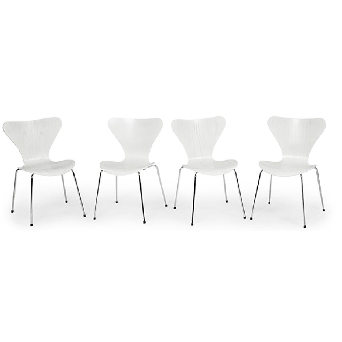 Arne Jacobsen (1902-1971) for Fritz Hansen dining: Arne Jacobsen (1902-1971) for Fritz Hansen, dining chairs, four, Denmark, 1998, lacquered oak, chromed steel, plastic, rubber, paper labels, 19.5"w x 19.5"d x 30.25"h $200 - $300