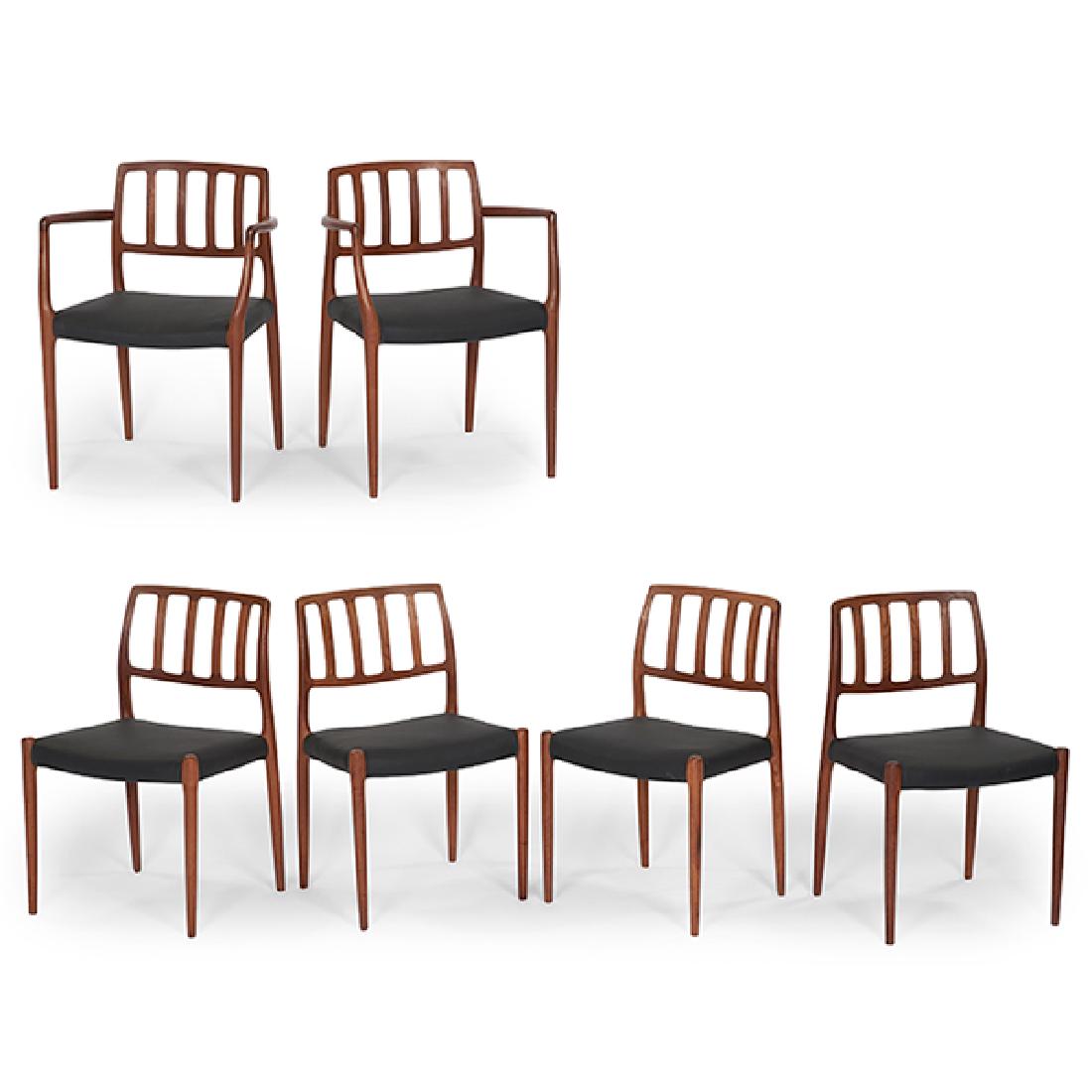 Niels Otto Moller for J.L. Moller dining chairs, 6: Niels Otto Moller (1920-1981) for J.L. Moller, dining chairs, six, Denmark, 1960s, teak, leather, branded marks, 22.5"w x 21"d x 31"h, side chairs: 19.75"w x 20"d x 31"h $2,000 - $2,500