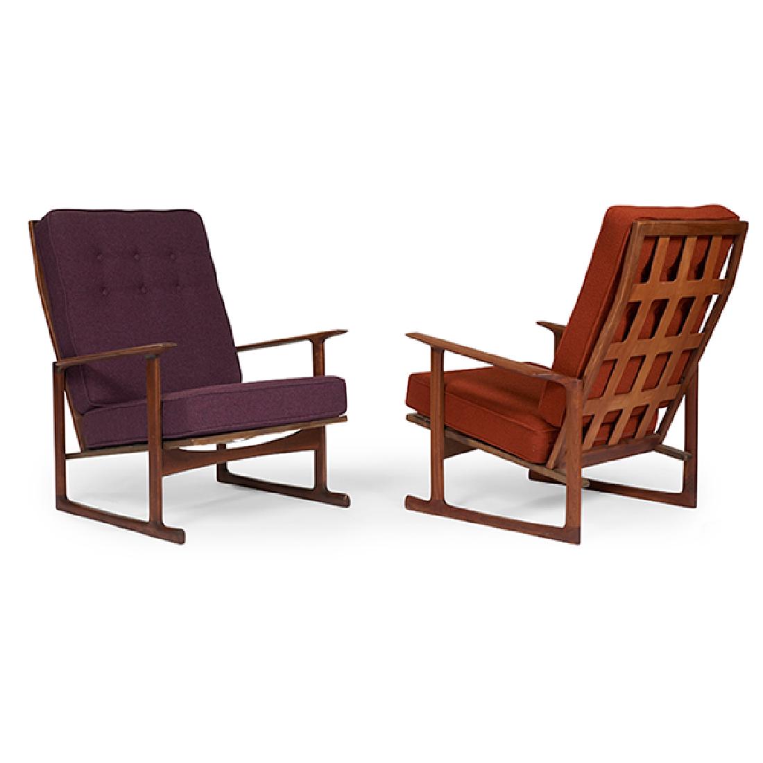 Ib Kofod-Larsen for Selig lounge chairs, pair 29"w x: Ib Kofod-Larsen for Selig, lounge chairs, pair, Denmark, 1960s, walnut, upholstery, each with Selig tag, 29"w x 32"d x 37"h $2,000 - $2,500