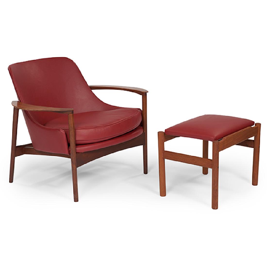 Ib Kofod-Larsen (1921-2003) for Selig Elizabeth chair: Ib Kofod-Larsen (1921-2003) for Selig, Elizabeth chair and ottoman, Denmark, 1960s, walnut, leather, Selig tag, 33.5"w x 29"d x 27.5"h, ottoman: 20"w x 15"d x 16"h $1,800 - $2,400