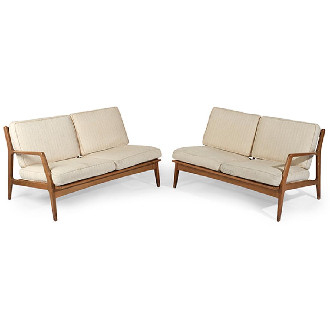 Ib Kofod-Larsen (1921-2003) for Selig loveseats, pair: Ib Kofod-Larsen (1921-2003) for Selig, loveseats, pair, Denmark, 1950s, beech wood, upholstery, stamped "Made in Denmark", 50"w x 31"d x 29"h each $1,000 - $1,500