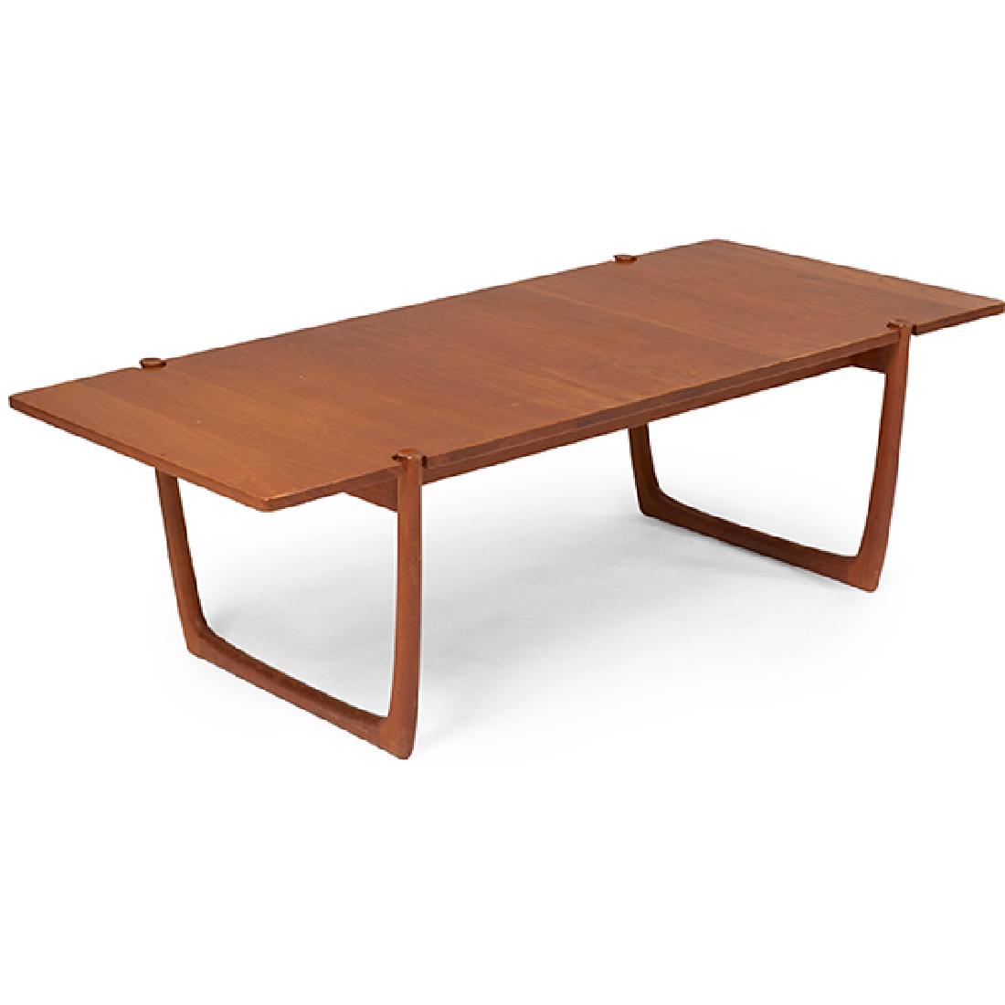 Peter Hvidt & Orla Molgaard Nielsen coffee table: Peter Hvidt (1916-1986) & Orla Molgaard Nielsen (1907-1993), coffee table, Denmark, 1960s, imported by John Stuart, Inc., teak, signed, 55.5"w x 27.25"d x 17.5"h $500 - $700