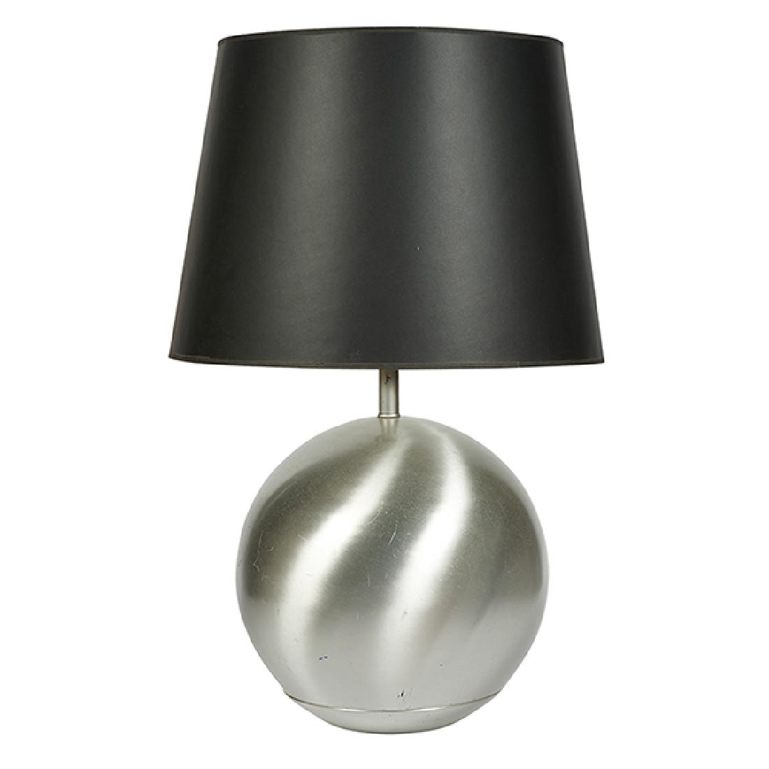 Raymor table lamp, in the manner of Russel Wright: Raymor "Metallics" table lamp, USA, 1930sspun aluminum, unsigned, in the manner of Russel Wright; shade not included, 14.5"dia x 17"h without socket