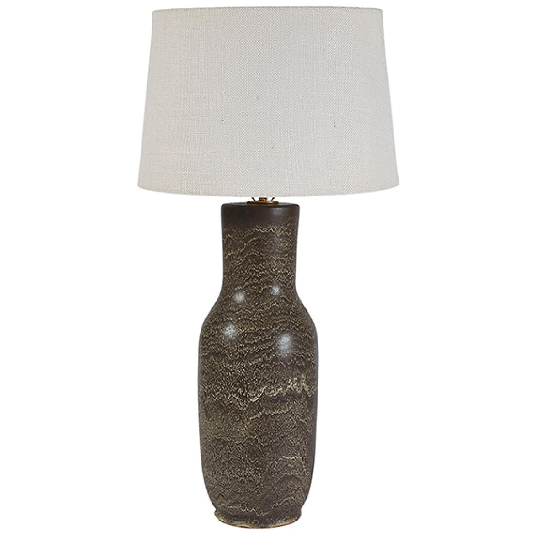 Design Technics table lamp ceramic: 6.5"dia x 18.5"h;: Design Technics, table lamp, USA, 1950s, glazed ceramic, brass, shade, ceramic: 6.5"dia x 18.5"h; with shade: 15"dia x 29.5"h