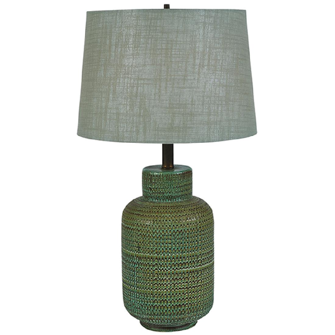 Design Technics table lamp ceramic: 7.5"dia x 14"h,: Design Technics, table lamp, USA, 1950s, green glazed ceramic, brass, shade, ceramic: 7.5"dia x 14"h, with shade: 15"dia x 27"h