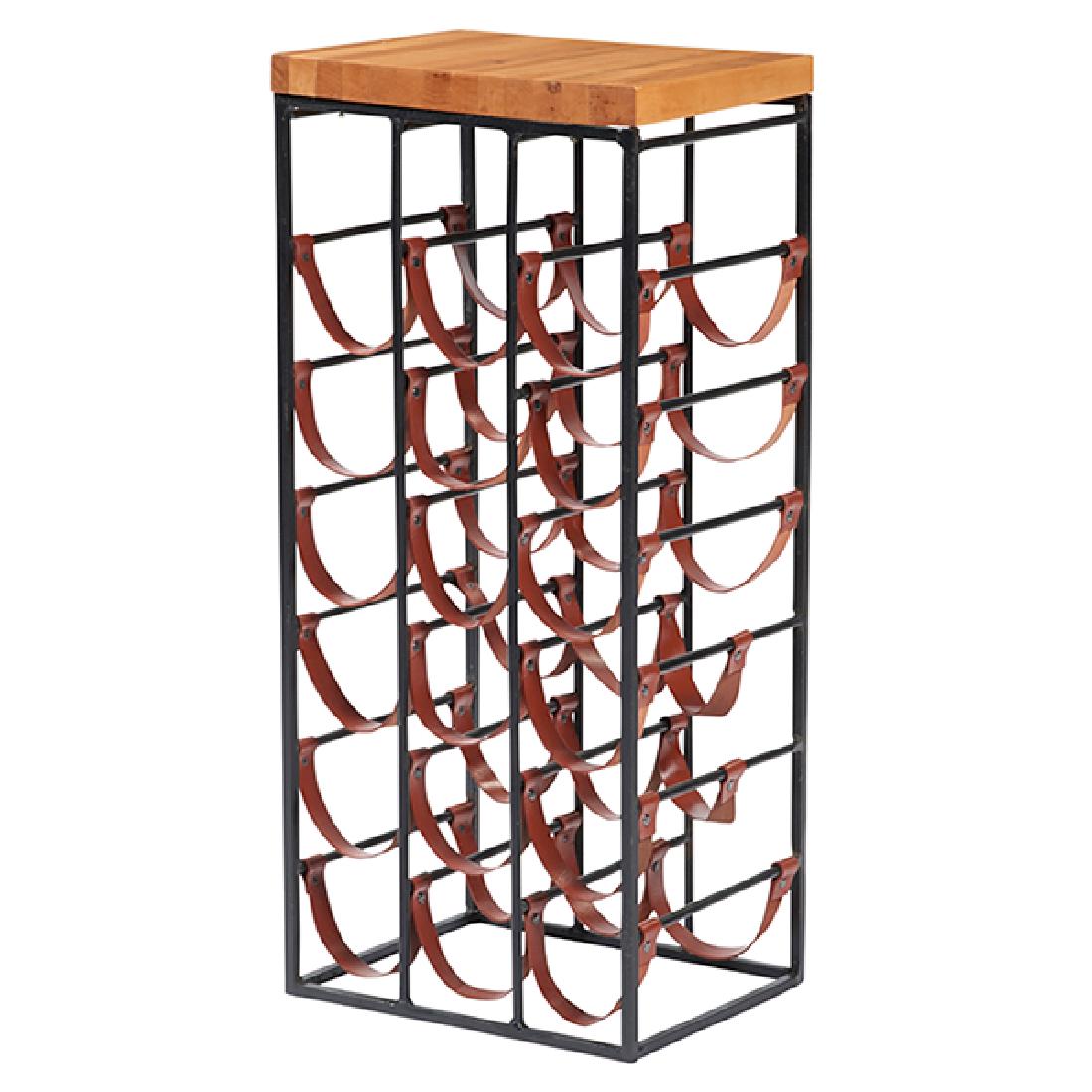 Arthur Umanoff for Shaver-Howard wine rack: Arthur Umanoff for Shaver-Howard, probably distributed by Raymor, wine rack, USA, 1960s, steel, leather, wood maple, 14"w x 11"d x 32"h $500 - $700