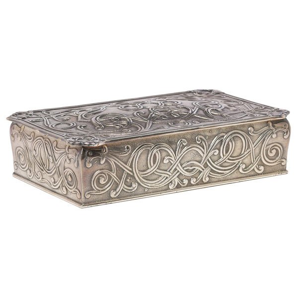 138: Marshall Fields box, metal with embossed Celtic de