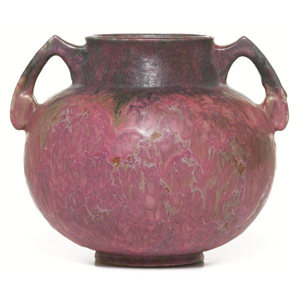 148: Roseville Carnelian vase, double handled bulbous f