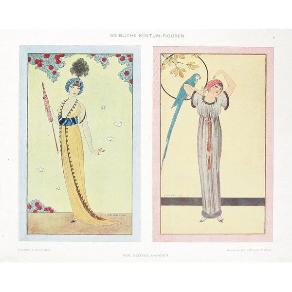 233: Art Nouveau bookplates, lot of four: Art Nouveau bookplates, lot of four, (one shown), various colorful illustrations by George Barbier and others, German text, unframed, 10" x 14"