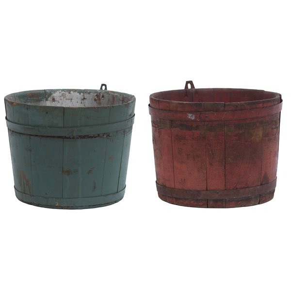 612: Shaker sap buckets, two: Shaker sap buckets, two, original red paint to one, each: 12"dia x 9.5"h, very good condition