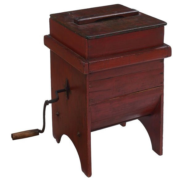 619: Shaker butter churn: Shaker butter churn, attribution, original red paint, 19.5"w x 20"d x 30"h, very good condition