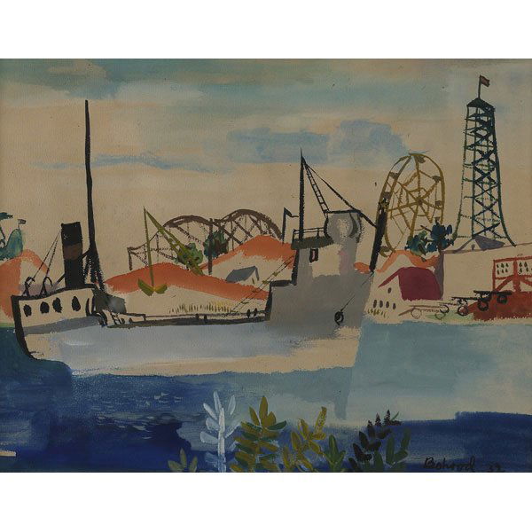 859: Aaron Bohrod, "Boat in a Harbor", c.1932; watercol: Aaron Bohrod (American, 1907-1992), "Boat in a Harbor", c.1932; watercolor/paper, 10" x 13", signed and dated
