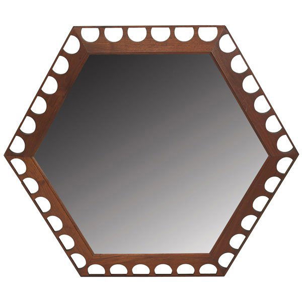 934: Howard Miller wall mirror: Howard Miller wall mirror, from the Meridian series, hexagonal walnut frame with round cutouts, marked on back "Howard Miller Clock Co. Meridian Mirror Division Model 317," 33"w x 28.5"h, excellent co