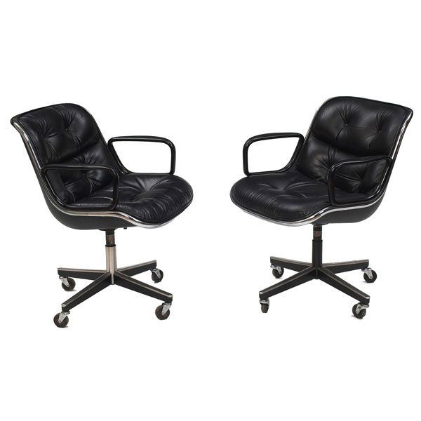 938: Charles Pollock office chairs, pair: Charles Pollock office chairs, pair, by Knoll, 1981, original black leather upholstery in a molded plastic shell, black armrests, four point bases on casters, Knoll International label to one, 26.5"w
