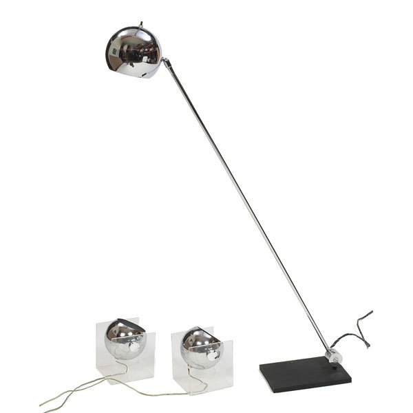 991: Robert Sonneman floor lamps, three: Robert Sonneman floor lamps, three, two spotlights in Lucite with adjustable chrome ball light source, 6.5"w x 6.5"d x 8.5"h, floor lamp with adjustable cantilevered chrome arm with chrome ball shade,