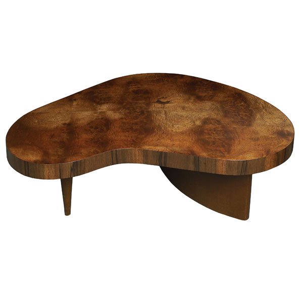 1015: Gilbert Rohde Paldao coffee table: Gilbert Rohde Paldao coffee table, by Herman Miller, c.1940, Acacia burl top with Paldao trim to edge, one tapered leg and plinth base covered in original leatherette with nailhead trim, 41"w x 26.5"d