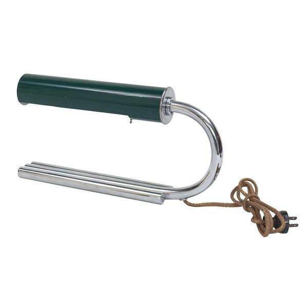 1016: Gilbert Rohde desk lamp, c.1933: Gilbert Rohde desk lamp, c.1933, by Mutual-Sunset Lamp Co., USA, chrome-plated steel base with original green enameled brass shade, original finish, 14"w x 7"h, very good condition