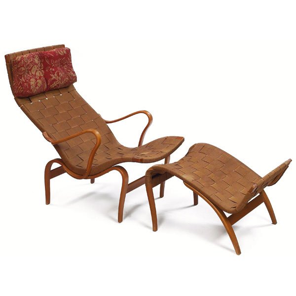 1035: Bruno Mathsson Pernilla 2 lounge chair and ottoma: Bruno Mathsson Pernilla 2 lounge chair and ottoman, by Karl Mathsson, Sweden, beech frame with original webbing and original floral pillow, each piece signed with stamped marks to frame, original fini