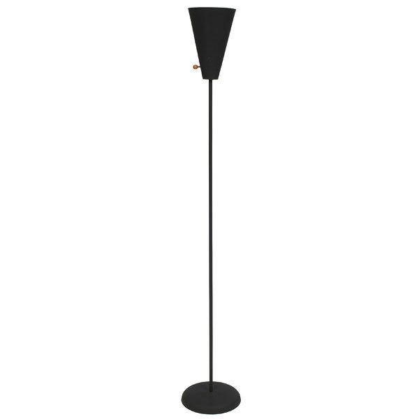 1041: David Wurster floor lamp, for Raymor: David Wurster floor lamp, for Raymor, 1950s, matte black enameled metal base and shade with original wood knob, 10"dia. x 63"h, repainted, very good condition