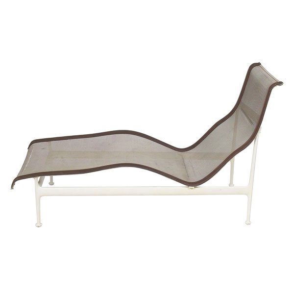 1132: Richard Schultz chaise lounge: Richard Schultz chaise lounge, coated aluminum frame with mesh fabric and brown vinyl fabric trim, 60"l x 24"w x 33"h, some wear including one tear, good condition