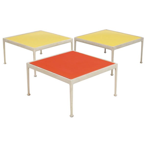 1133: Richard Schultz outdoor occasional tables, three: Richard Schultz outdoor occasional tables, three, by Knoll, white coated aluminum frames support colorful enameled steel tops, one orange and two yellow, Knoll International label to each, 28"w x 28"d