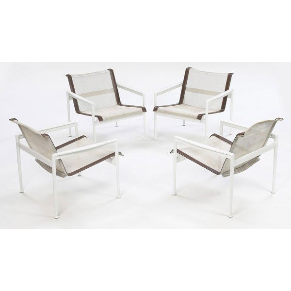 1134: Richard Schultz dining/lounge chairs, four: Richard Schultz dining/lounge chairs, four, white and brown vinyl and mesh seats in cast aluminum frames with white coated finish, 26"w x 28"d x 26.5"h, very good condition